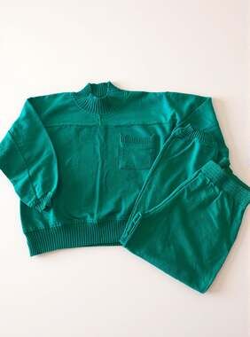 Daniel Caron Vintage Teal Green Cotton Mock Neck Sweater and Jogger Pants Set